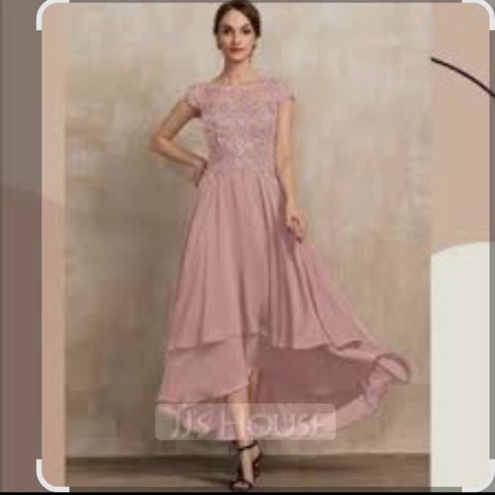 JJs House Pink A-Line Scoop Neck, Chiffon Lace Dress with Flutter Cap Sleeves,